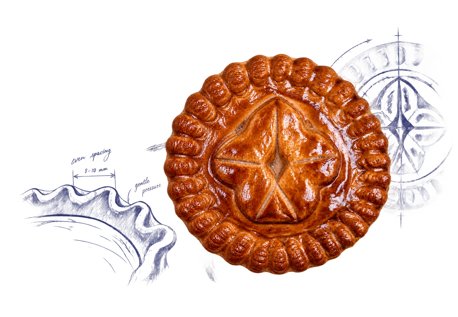A finished House of Pies pie with hand-drawn pastry sketches