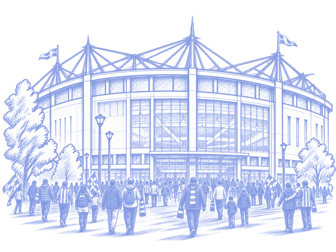 Hand-drawn illustration of a stadium and its guests